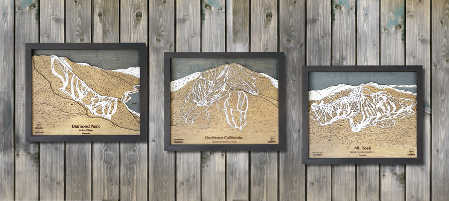 Handcrafted wooden ski trail maps by Slopes Mountain Art