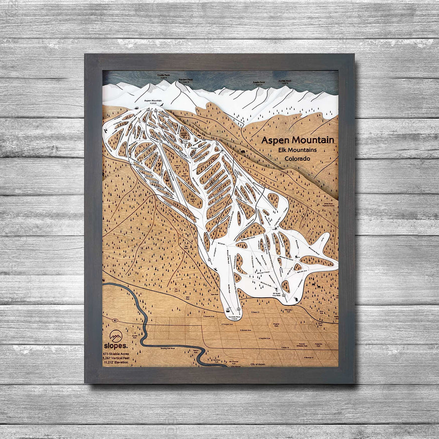 Aspen Mountain, CO Ski Trail Map Artwork Slopes Mountain Art 23" x 28" Midnight Grey 