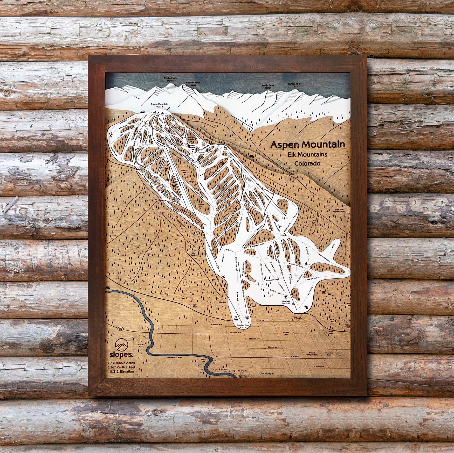 Aspen Mountain, CO Ski Trail Map Artwork Slopes Mountain Art 23" x 28" Rustic Kona 