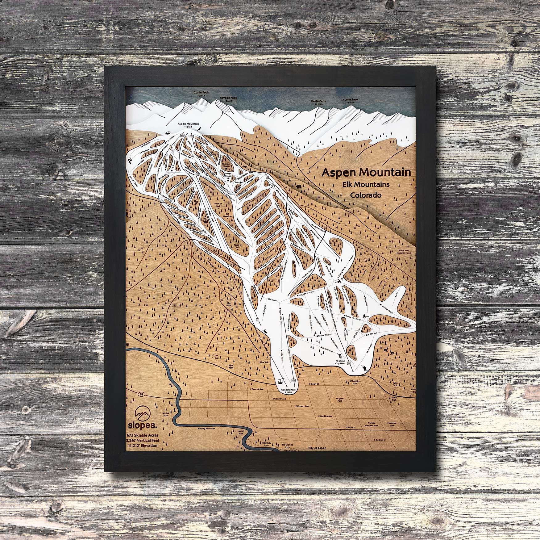 Aspen Mountain, CO Ski Trail Map Artwork Slopes Mountain Art 23" x 28" Matte Black 