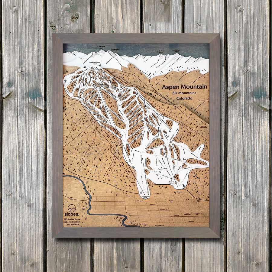 Aspen Mountain, CO Ski Trail Map Artwork Slopes Mountain Art 23" x 28" Storm Grey 