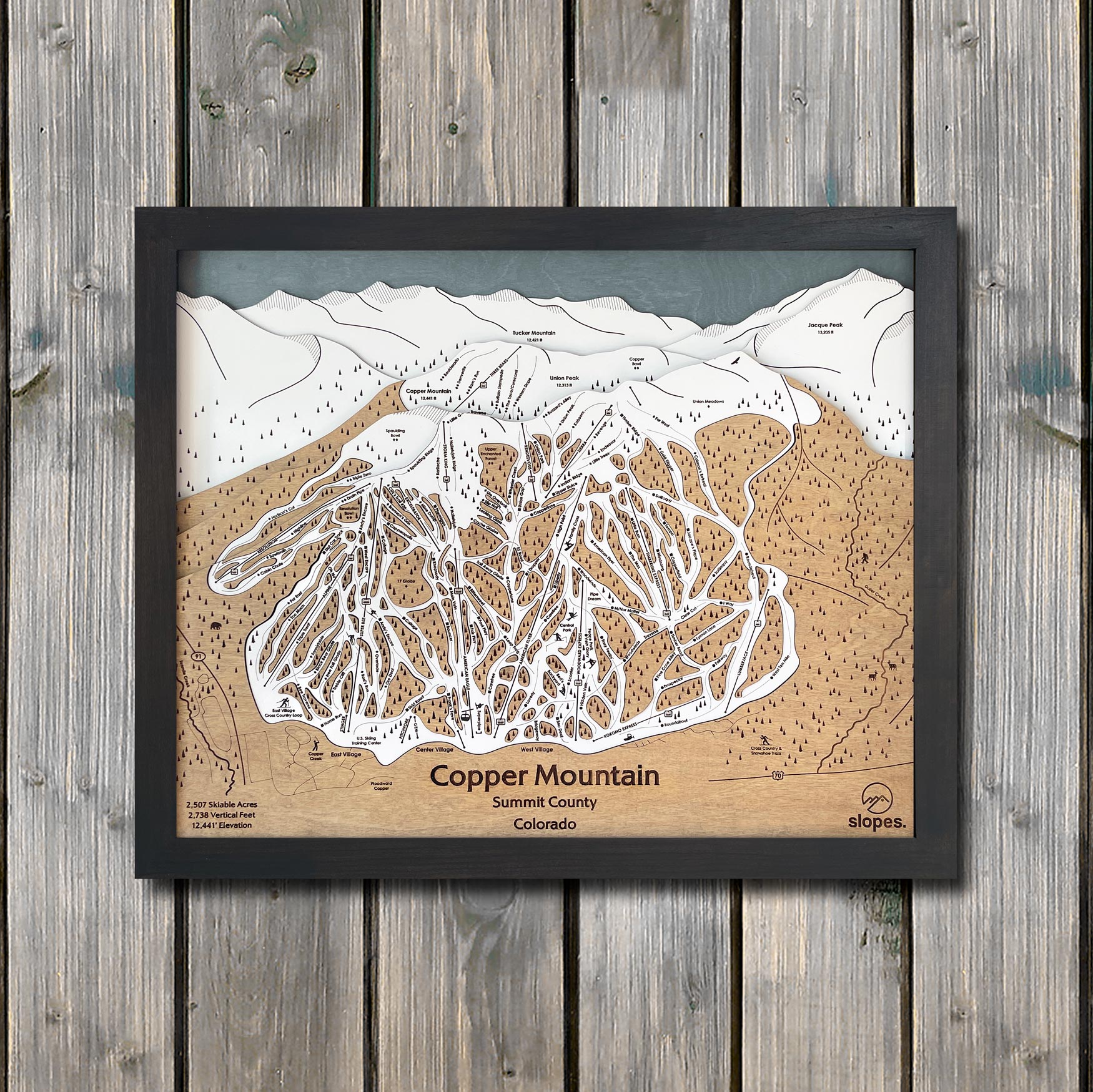 Copper Mountain Ski Trail Map 3D Wooden Trail Map Art Slopes   Copper Mountain Wood Ski Trail Map Matte Black 618629 