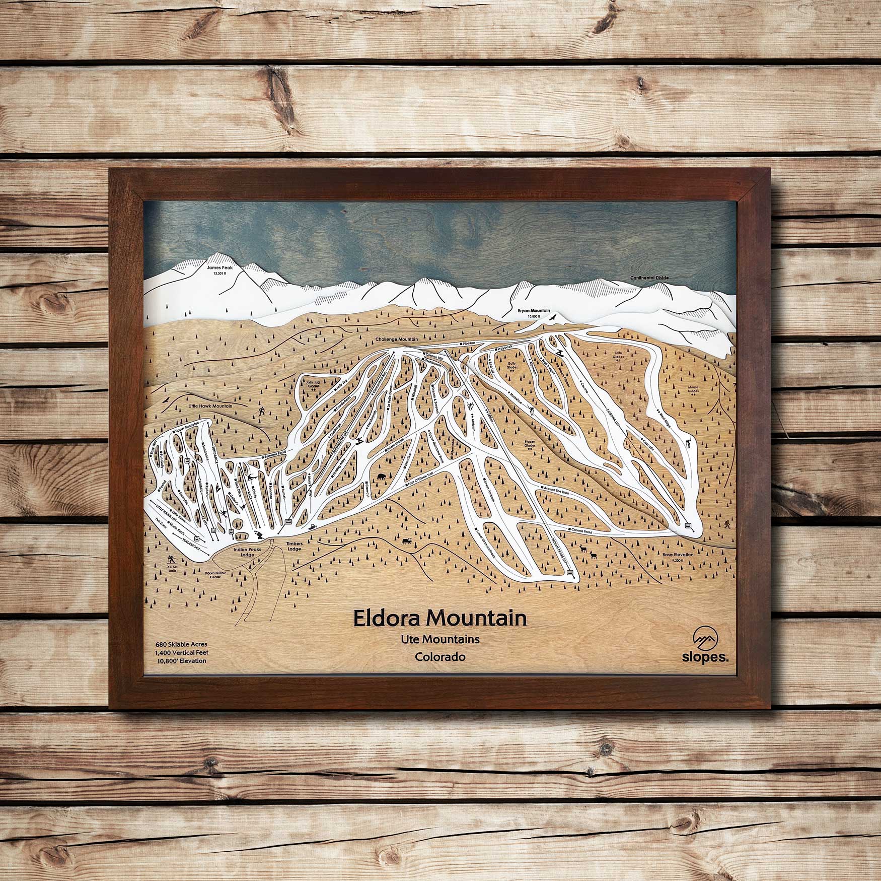 Eldora Mountain, CO Ski Trail Map Artwork Slopes Mountain Art 23" x 28" Rustic Kona 