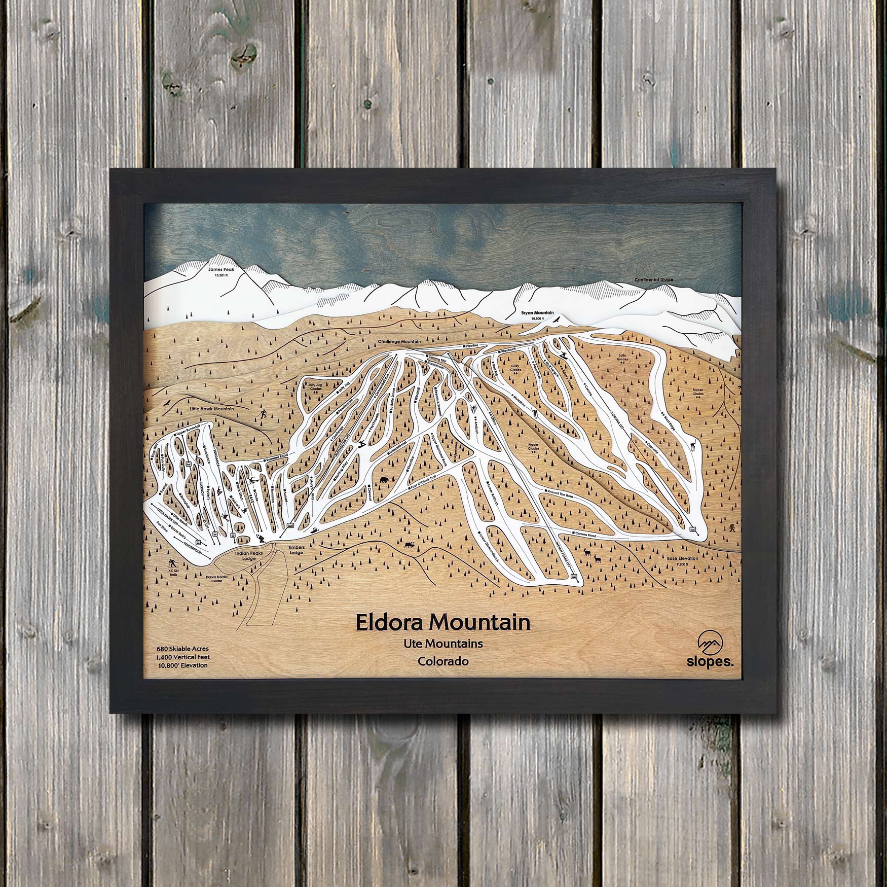 Eldora Mountain, CO Ski Trail Map Artwork Slopes Mountain Art 23" x 28" Matte Black 