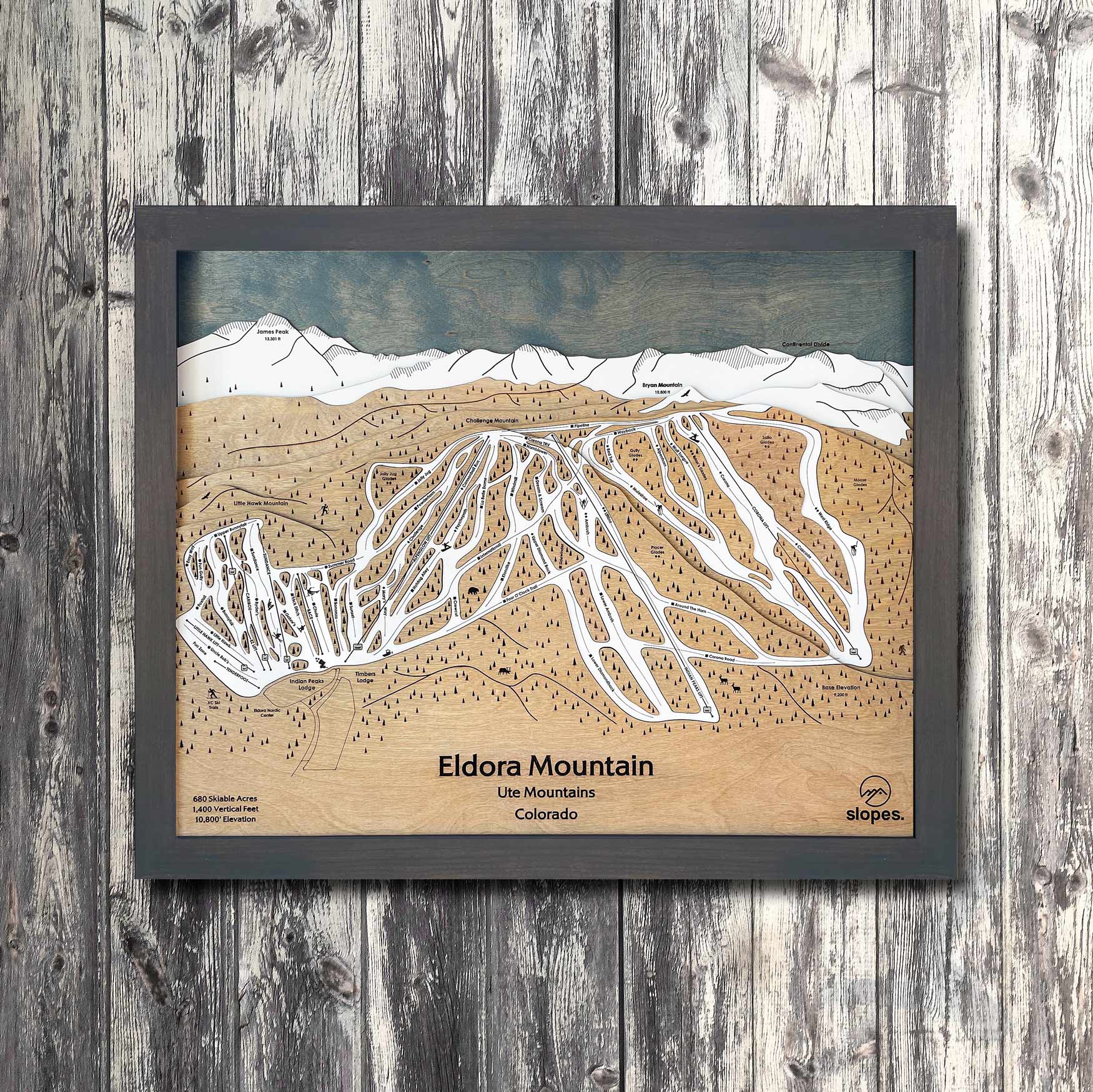 Eldora Mountain, CO Ski Trail Map Artwork Slopes Mountain Art 23" x 28" Midnight Grey 