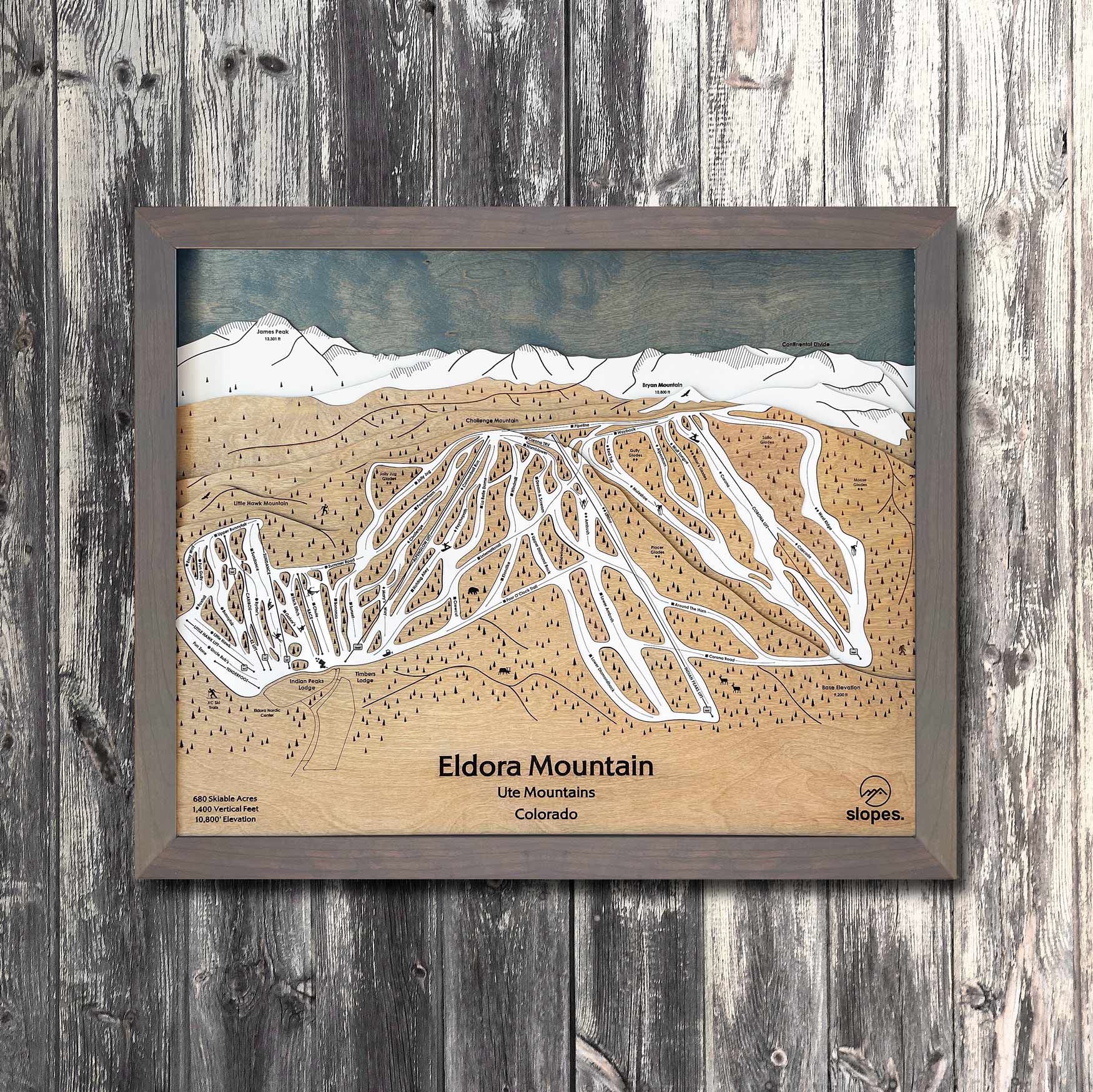 Eldora Mountain, CO Ski Trail Map Artwork Slopes Mountain Art 23" x 28" Storm Grey 
