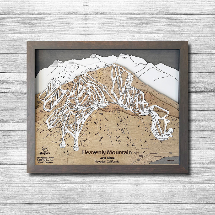 Heavenly Mountain CA/NV, Ski Trail Map Artwork Slopes Mountain Art 23" x 28" Storm Grey 