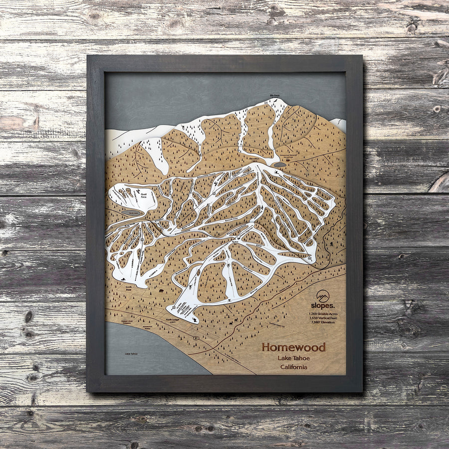 Homewood Mountain, CA Ski Trail Map Artwork Slopes Mountain Art 23" x 28" Midnight Grey 