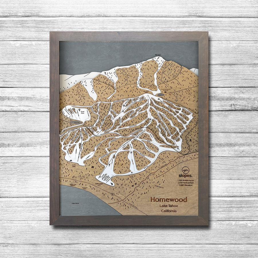 Homewood Mountain, CA Ski Trail Map Artwork Slopes Mountain Art 23" x 28" Storm Grey 