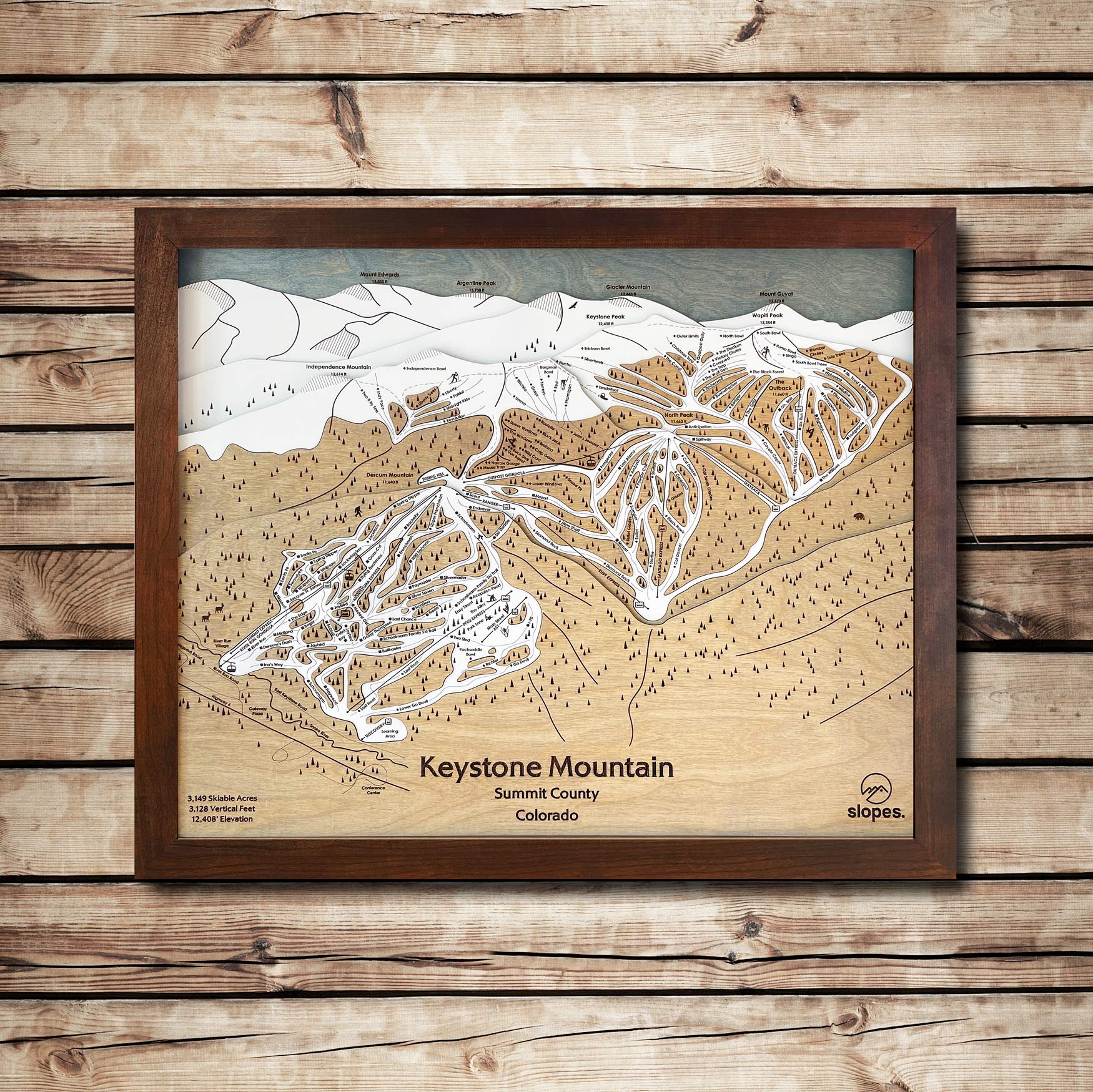 Keystone Mountain, CO Ski Trail Map Artwork Slopes Mountain Art 23" x 28" Rustic Kona 