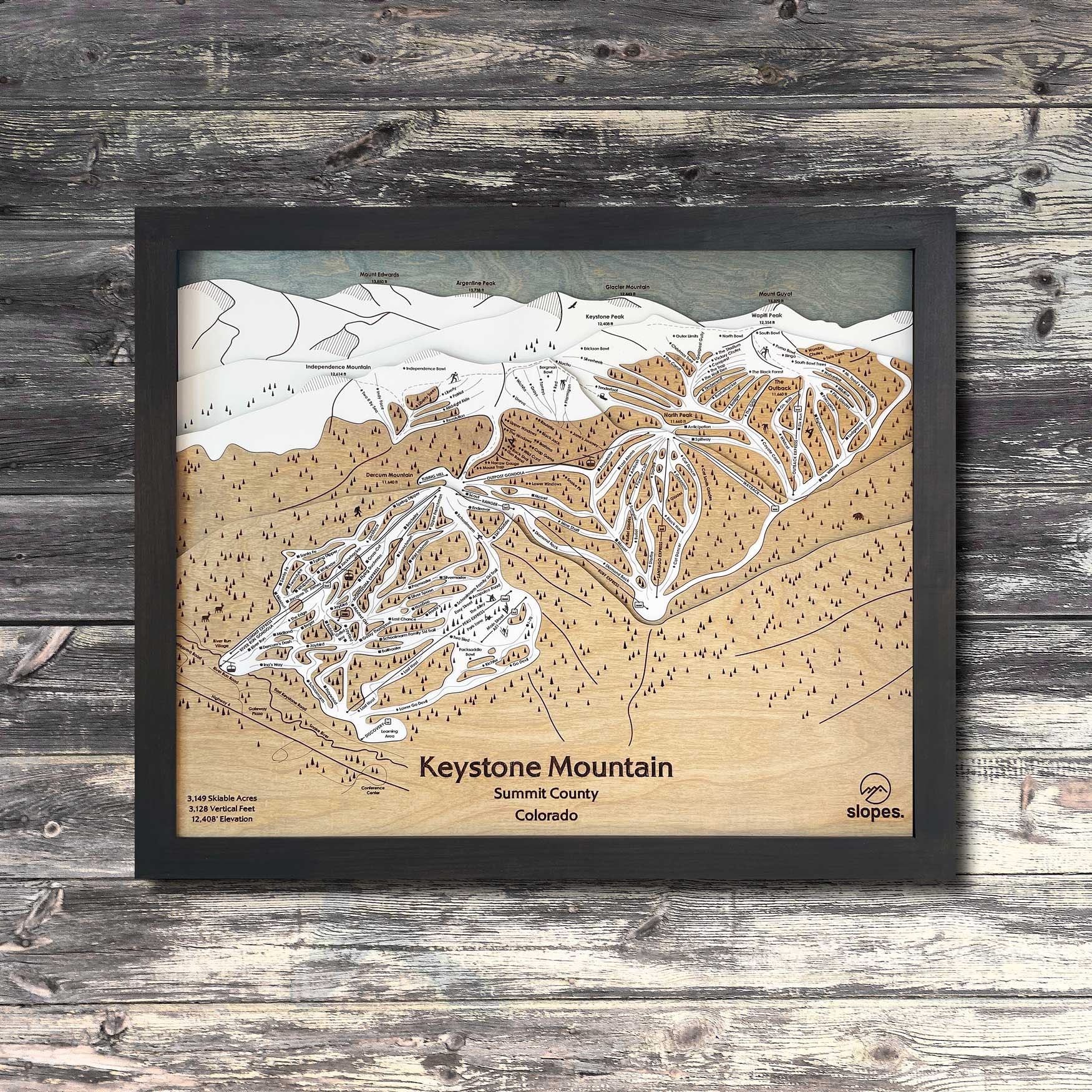 Keystone Mountain, CO Ski Trail Map Artwork Slopes Mountain Art 23" x 28" Matte Black 