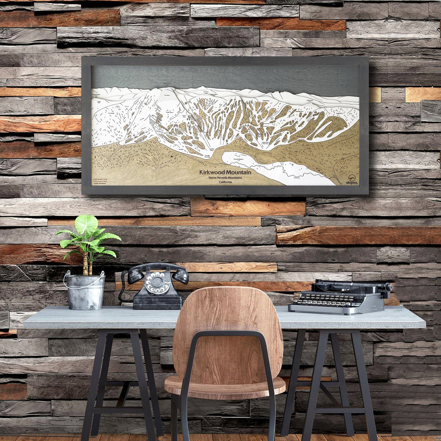 Kirkwood Mountain, CA Ski Trail Map Artwork Slopes Mountain Art 23″ x 48″ Midnight Grey 