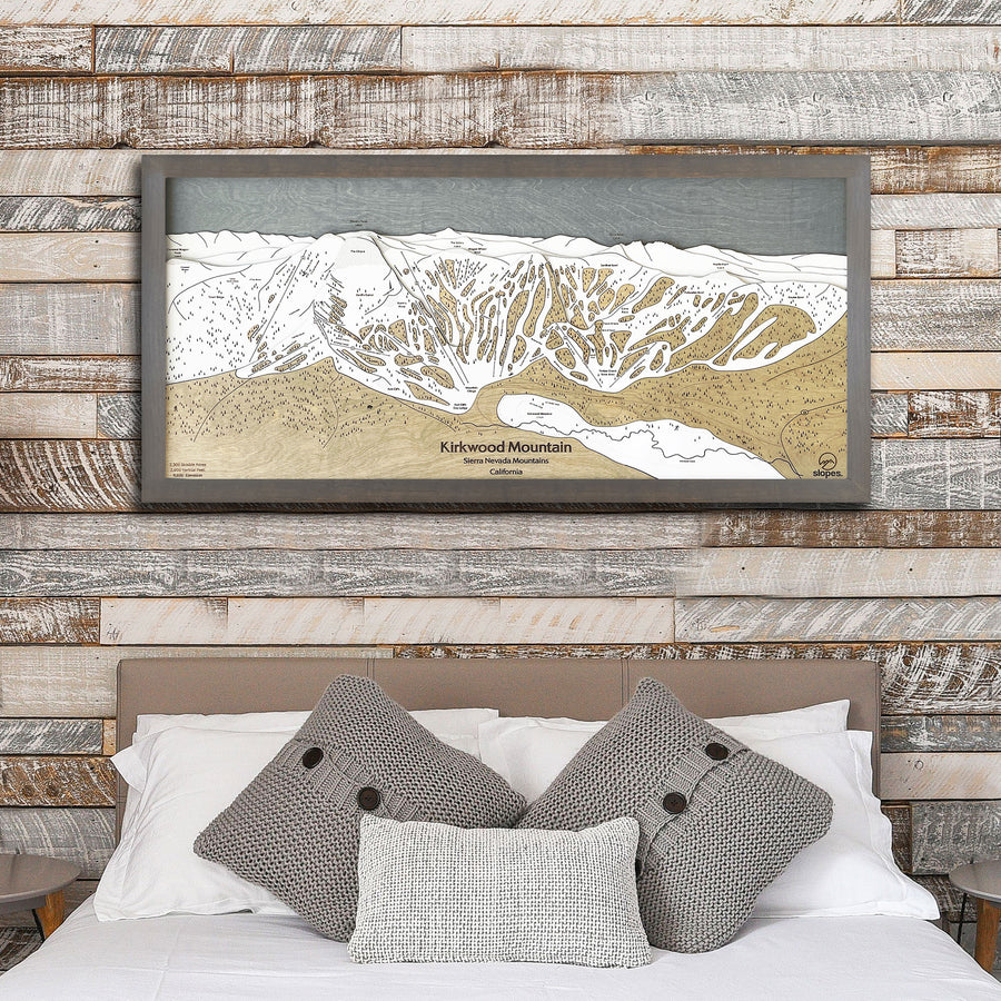 Kirkwood Mountain, CA Ski Trail Map Artwork Slopes Mountain Art 23″ x 48″ Storm Grey 