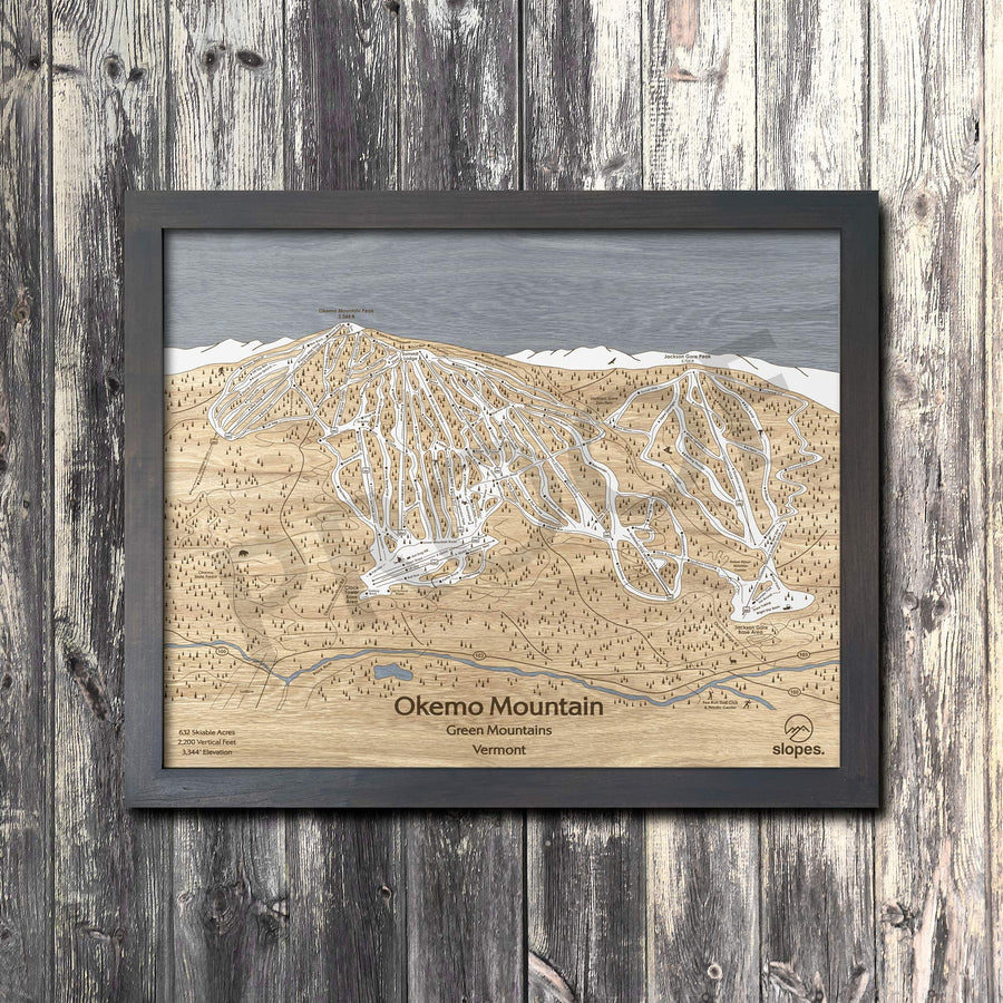 Okemo Mountain, VT Ski Trail Map Artwork Slopes Mountain Art 23" x 28" Midnight Grey 