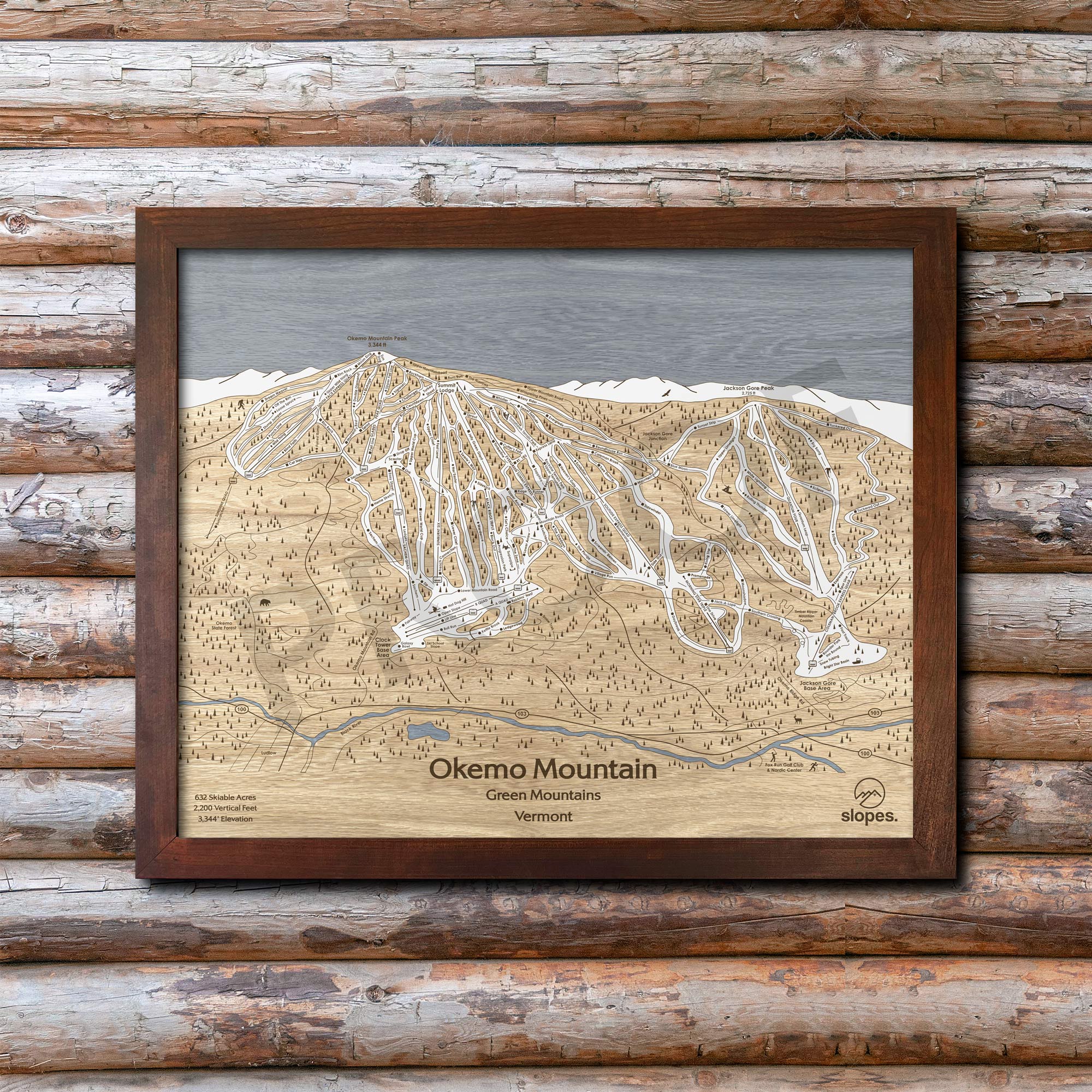 Okemo Mountain, VT Ski Trail Map Artwork Slopes Mountain Art 23" x 28" Rustic Kona 