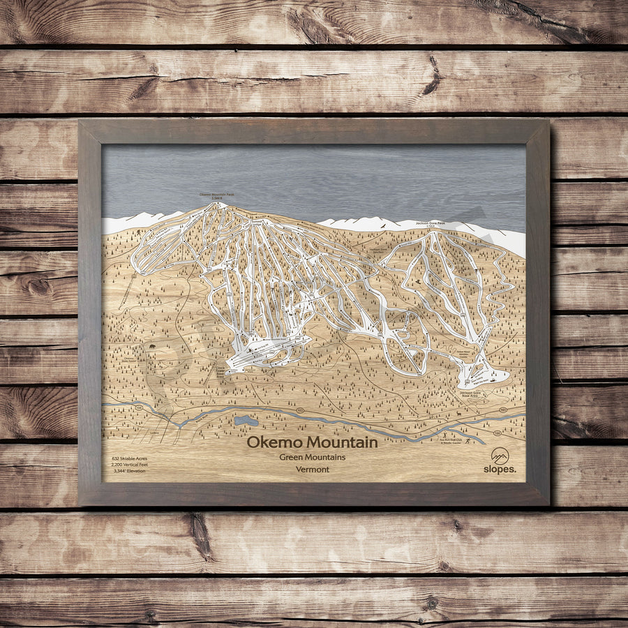 Okemo Mountain, VT Ski Trail Map Artwork Slopes Mountain Art 23" x 28" Storm Grey 