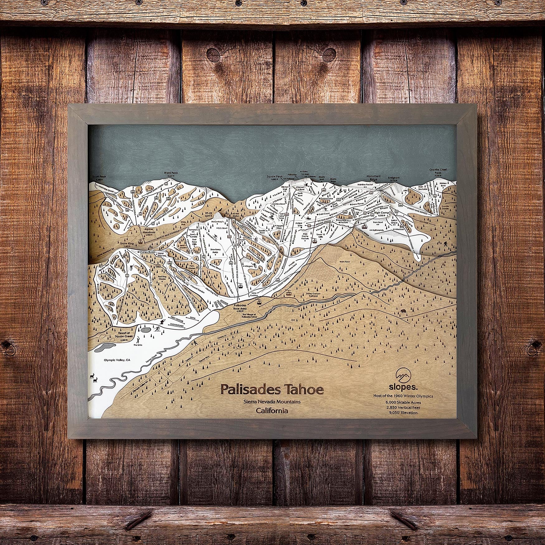 Palisades Tahoe, CA Ski Trail Map Artwork Slopes Mountain Art 23" x 28" Storm Grey 