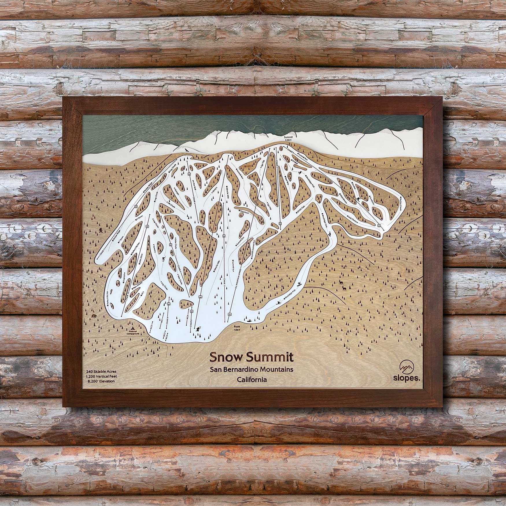 Snow Summit, CA Ski Trail Map Artwork Slopes Mountain Art 23" x 28" Rustic Kona 