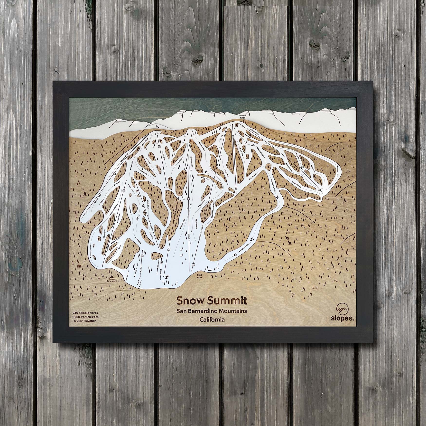 Snow Summit, CA Ski Trail Map Artwork Slopes Mountain Art 23" x 28" Matte Black 