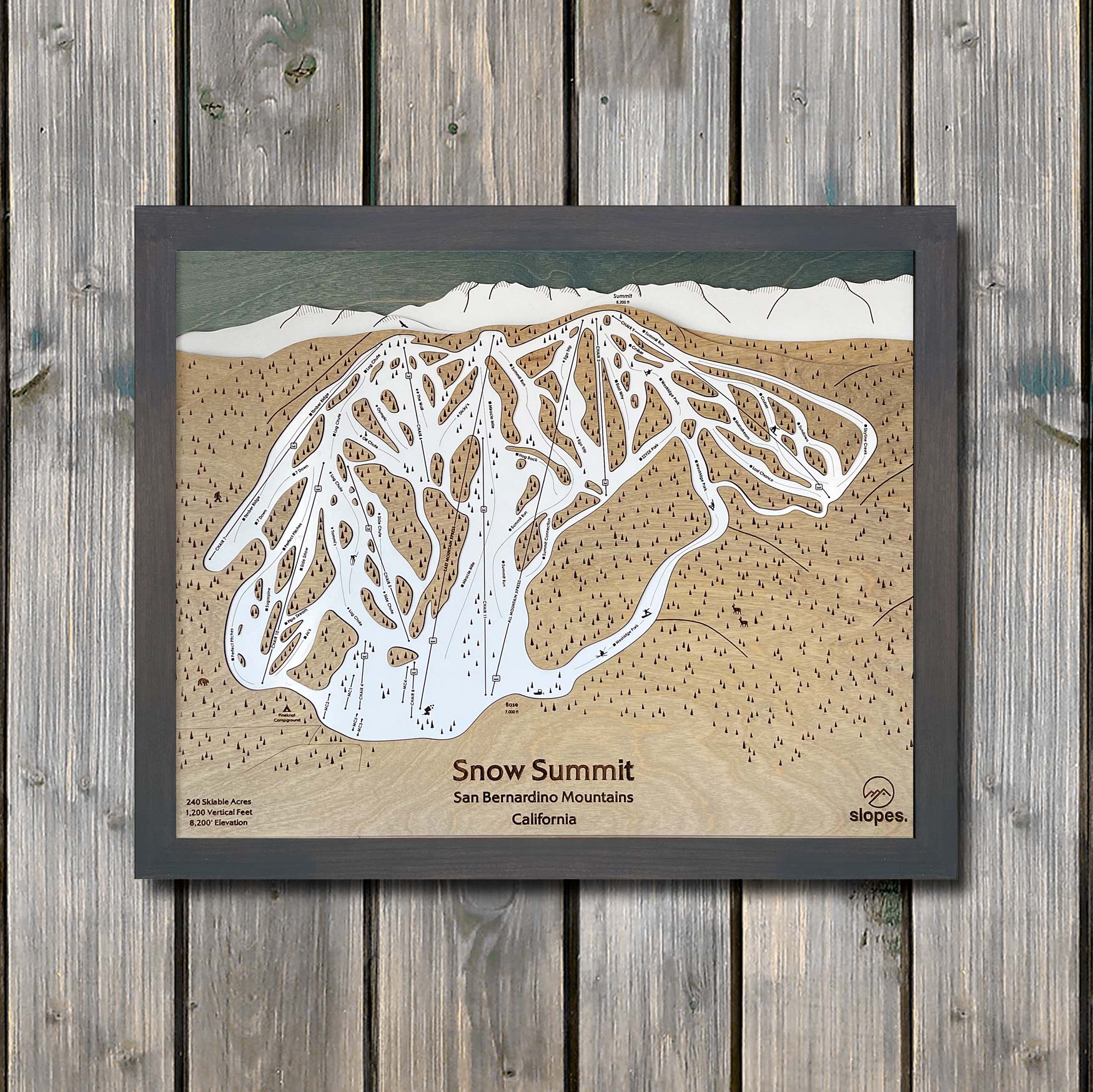 Snow Summit, CA Ski Trail Map Artwork Slopes Mountain Art 23" x 28" Midnight Grey 