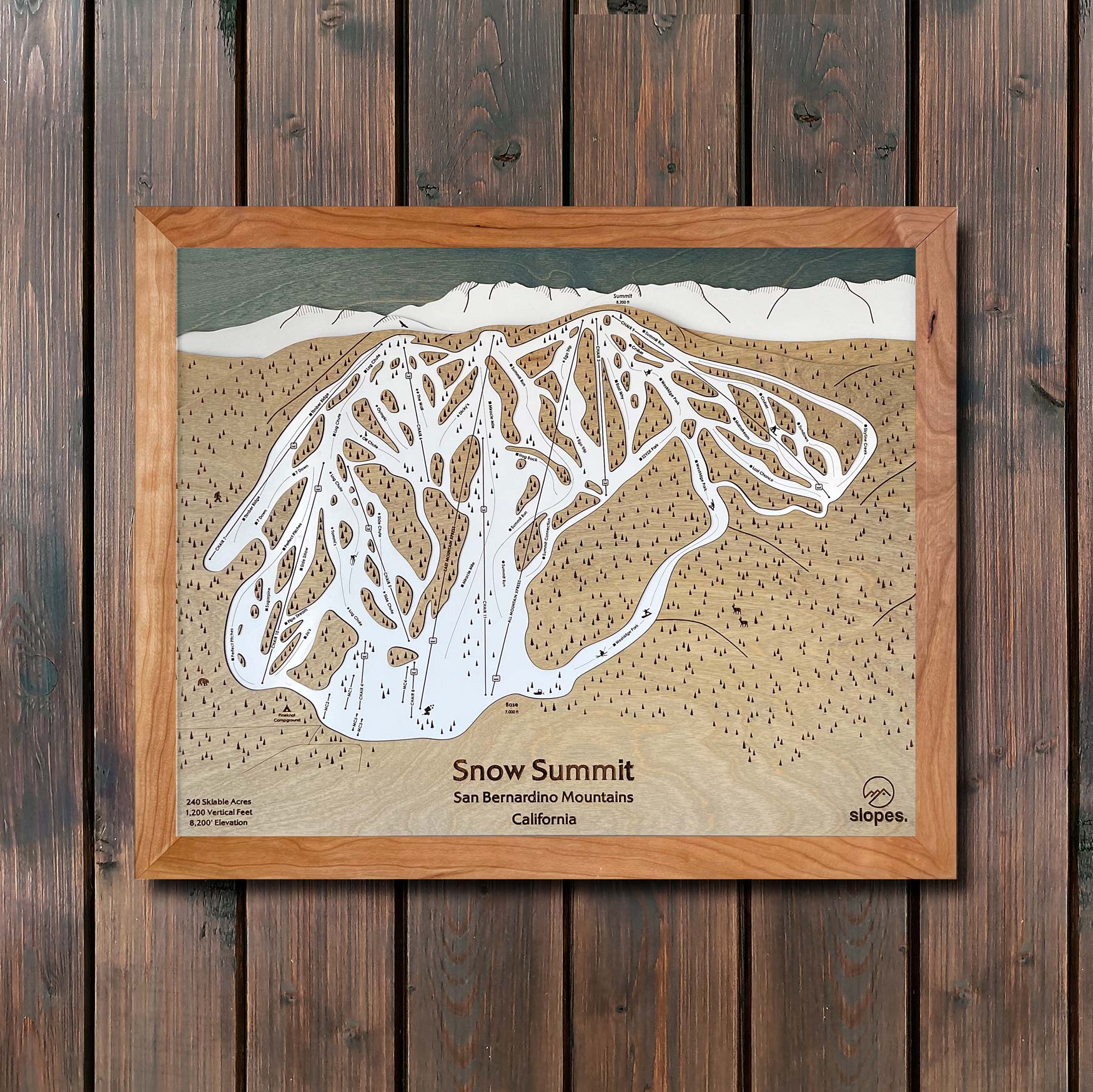 Snow Summit, CA Ski Trail Map Artwork Slopes Mountain Art 23" x 28" Natural 