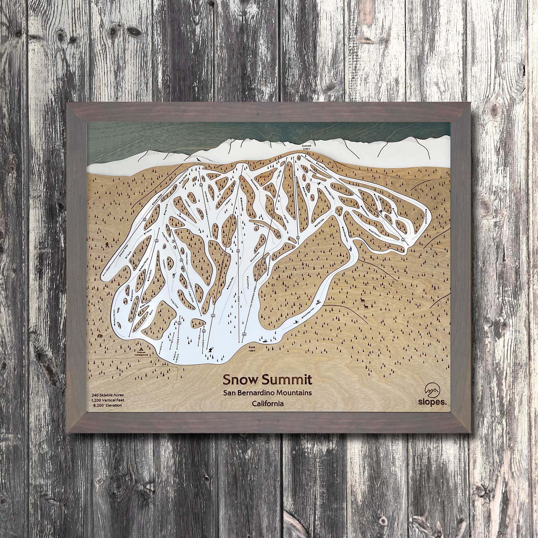 Snow Summit, CA Ski Trail Map Artwork Slopes Mountain Art 23" x 28" Storm Grey 