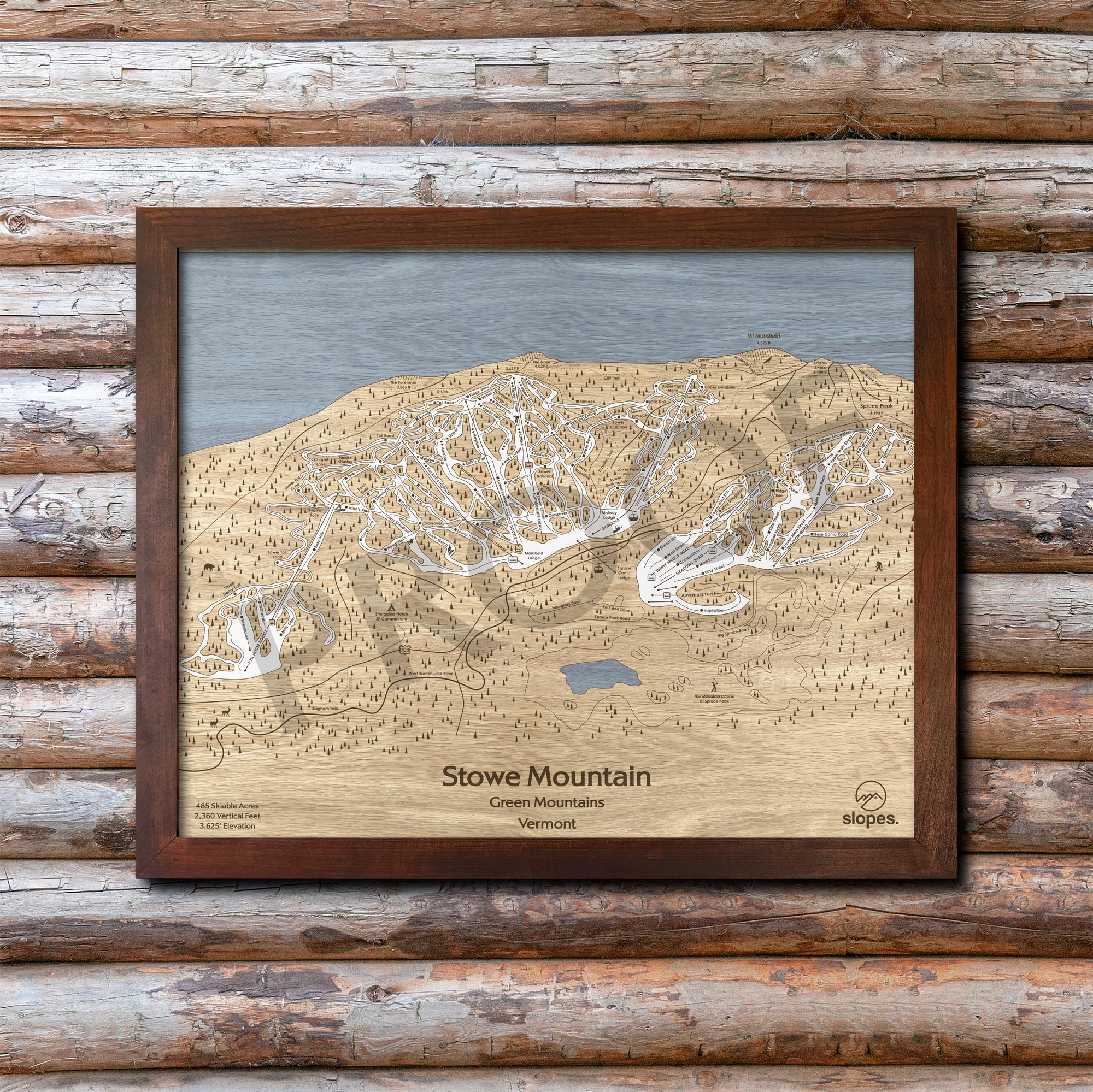 Stowe Mountain, VT Ski Trail Map Artwork Slopes Mountain Art 23" x 28" Rustic Kona 