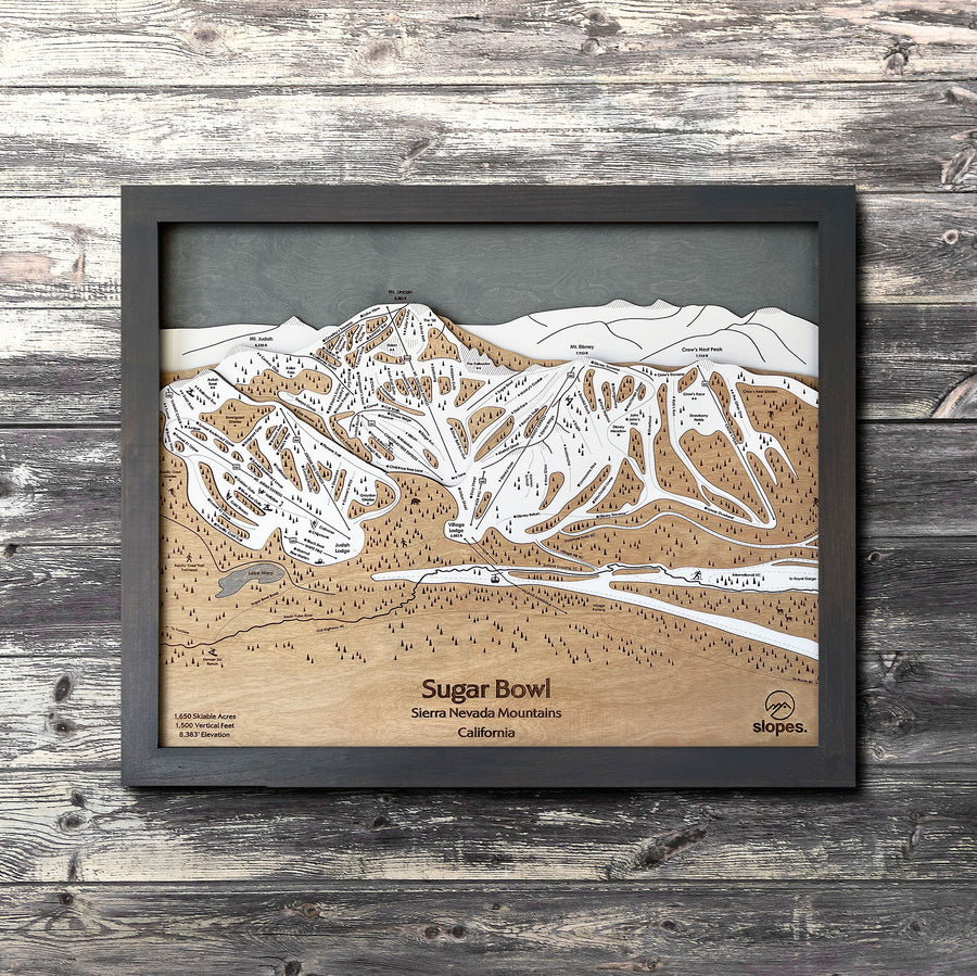 Sugar Bowl, CA Ski Trail Map Artwork Slopes Mountain Art 23" x 28" Midnight Grey 