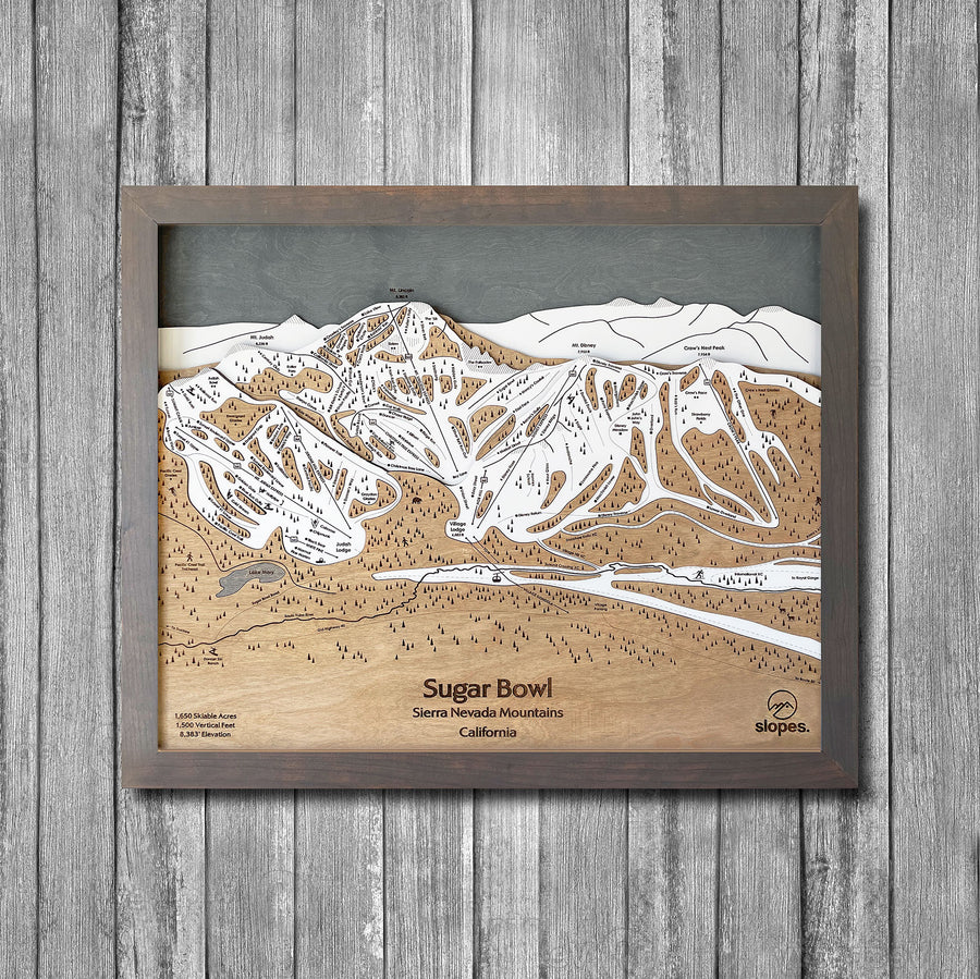 Sugar Bowl, CA Ski Trail Map Artwork Slopes Mountain Art 23" x 28" Storm Grey 