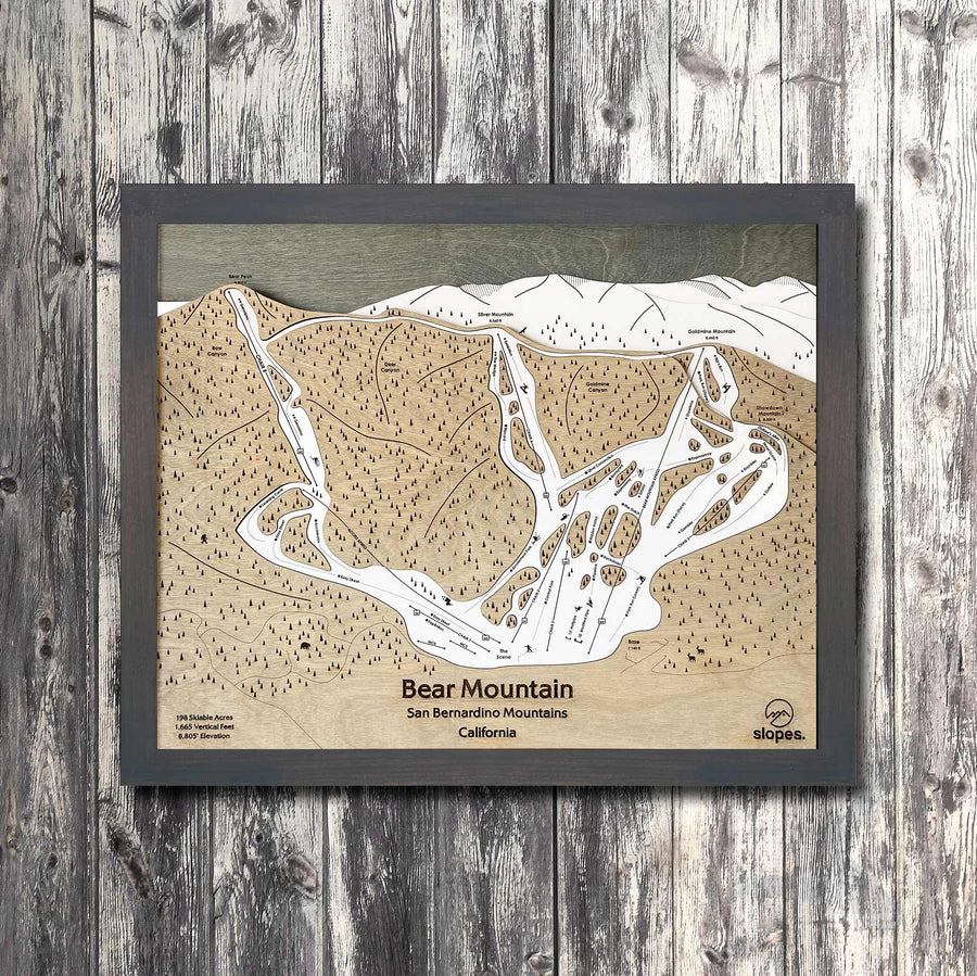 Bear Mountain, CA Ski Trail Map Artwork Slopes Mountain Art 23" x 28" Midnight Grey 