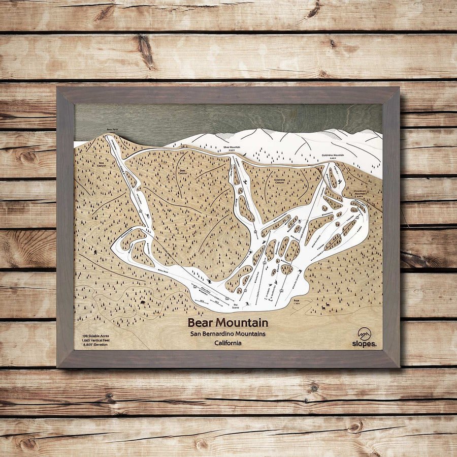 Bear Mountain, CA Ski Trail Map Artwork Slopes Mountain Art 23" x 28" Storm Grey 