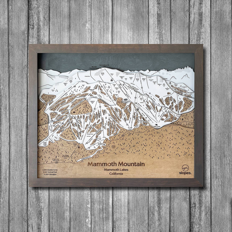 Mammoth Mountain, CA Ski Trail Map Artwork Slopes Mountain Art 23" x 28" Storm Grey 